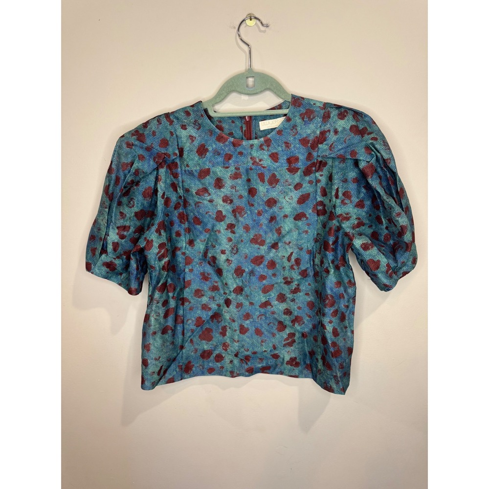 Ulla Johnson Puff Sleeve Patterned Top Blouse Teal Handprint Dot 4 Silk Cotton